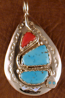 Effie Pendant Turquoise and Coral with Turq eyes