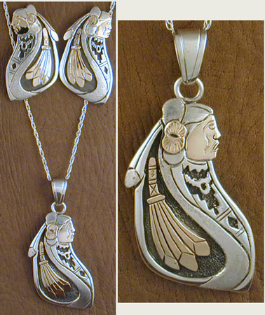 Sterling Silver and 14K Gold Chief's Head Set - PENDANT