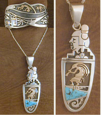 Sterling Silver and 14K Gold & Turquoise Kokopelli Set - PENDANT
