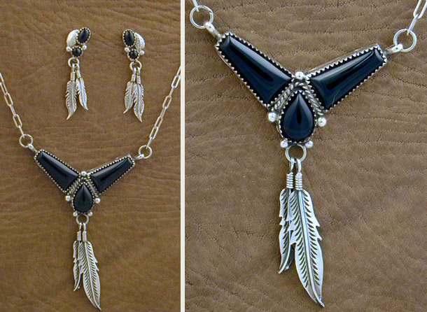 SS Black Onyx Feather Set - NECKLACE