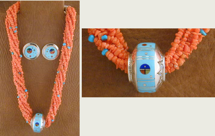 SS and Salmon Coral Sunface Necklace & Earrings - NECKLACE