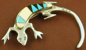Turquoise, Jet and Cream Amber Inlaid Lizard Pin