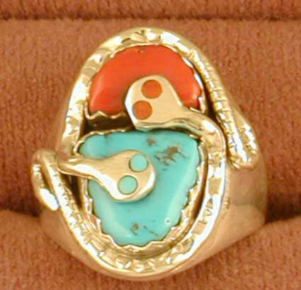 Effie Mens SS Coral and Turquoise Snake Ring